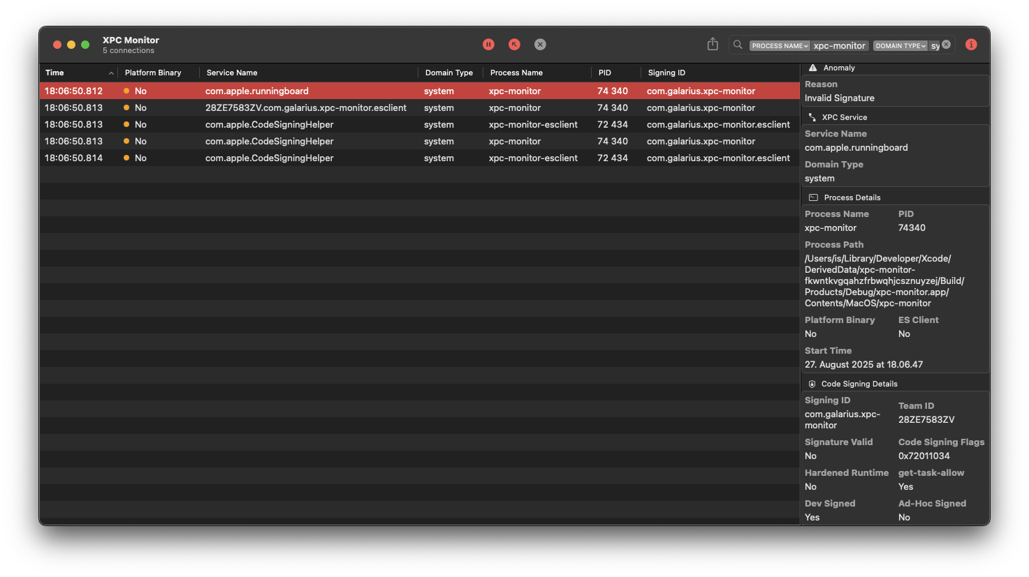 XPC Monitor app screenshot (dark)